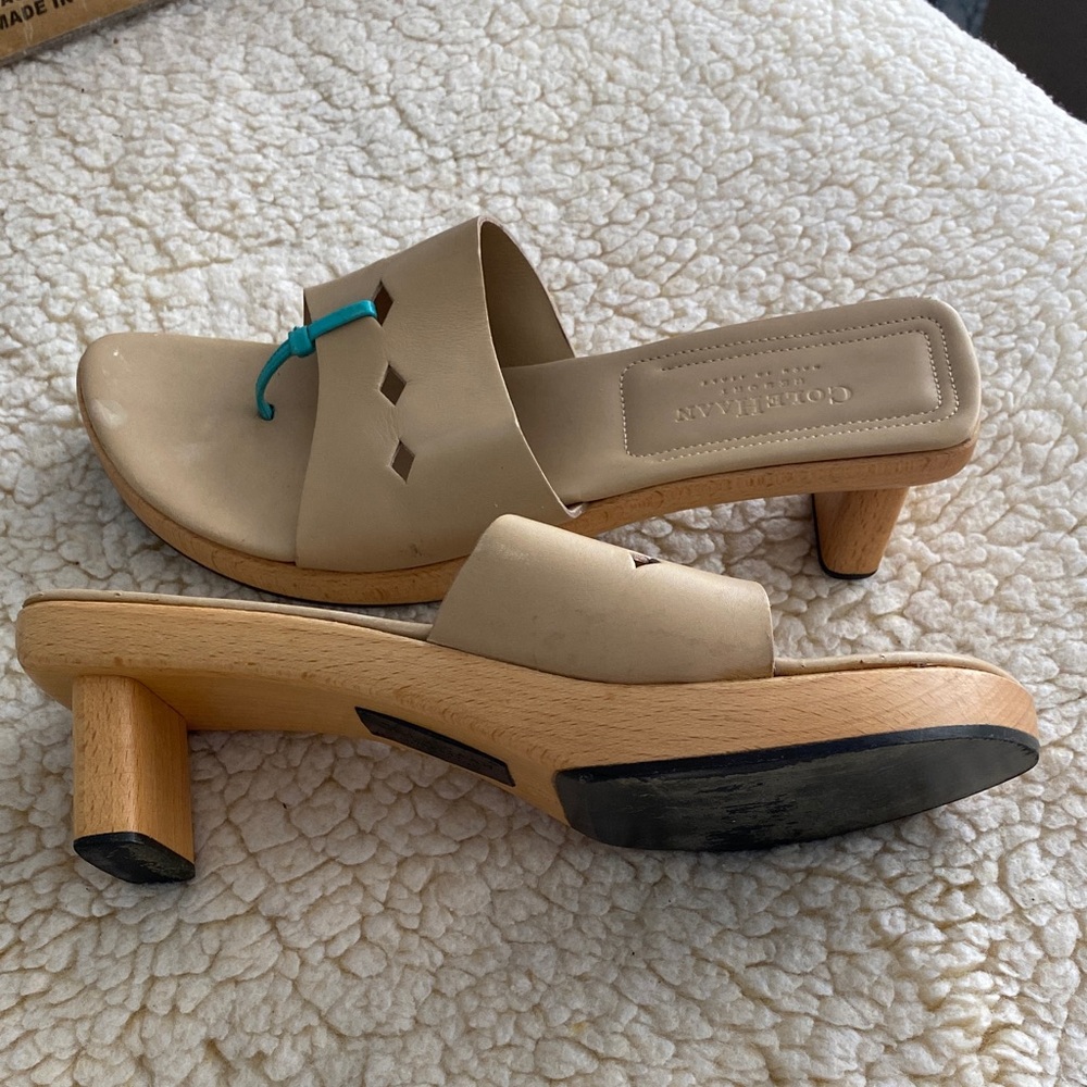 Cole Haan Beige Clogs Mules with Teal Accent Wooden Heel Sandals 11